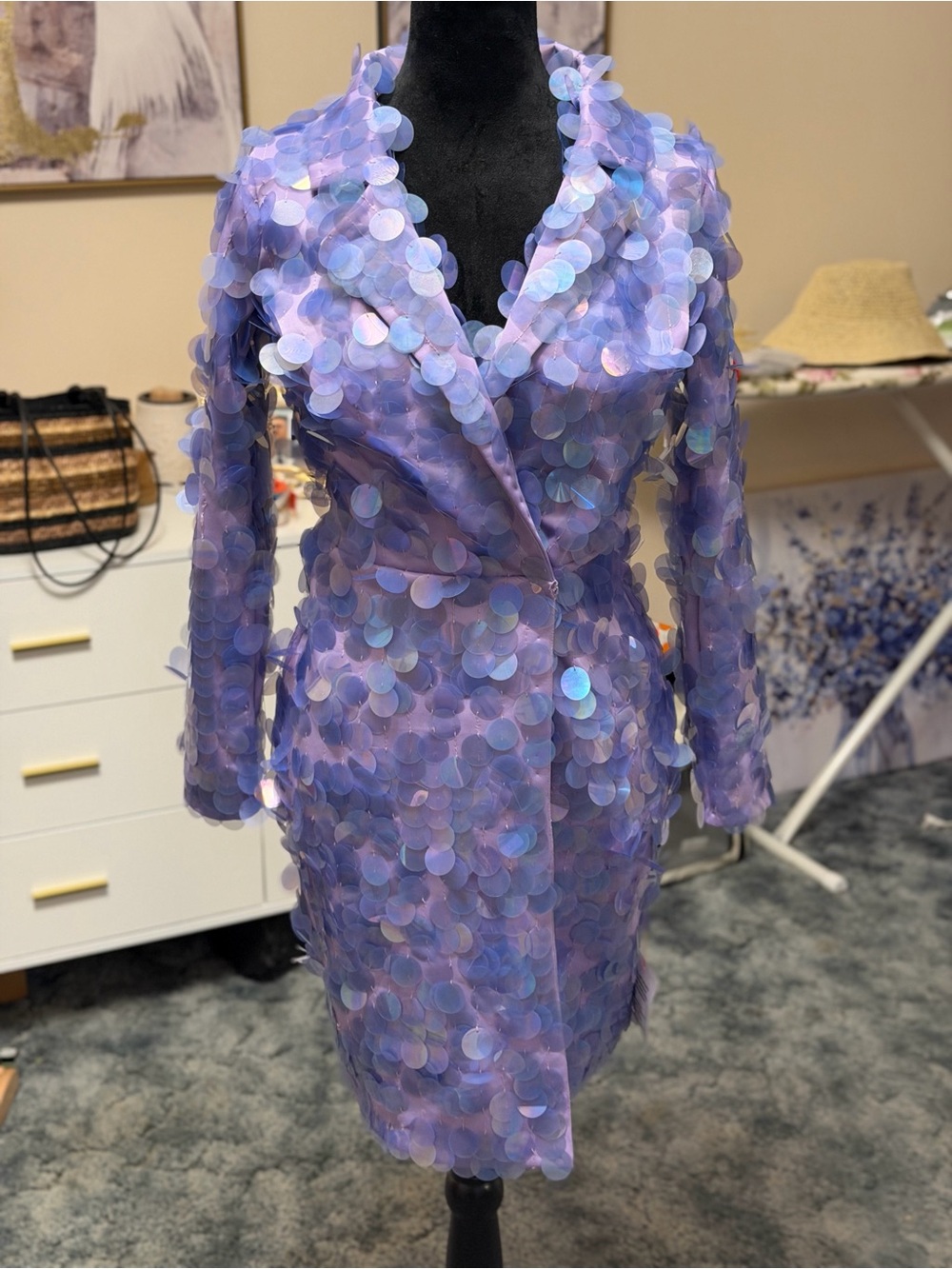 ASOS Lavender Iridescent Sequin Long Sleeve Sheath Dress - Picture 1 of 8